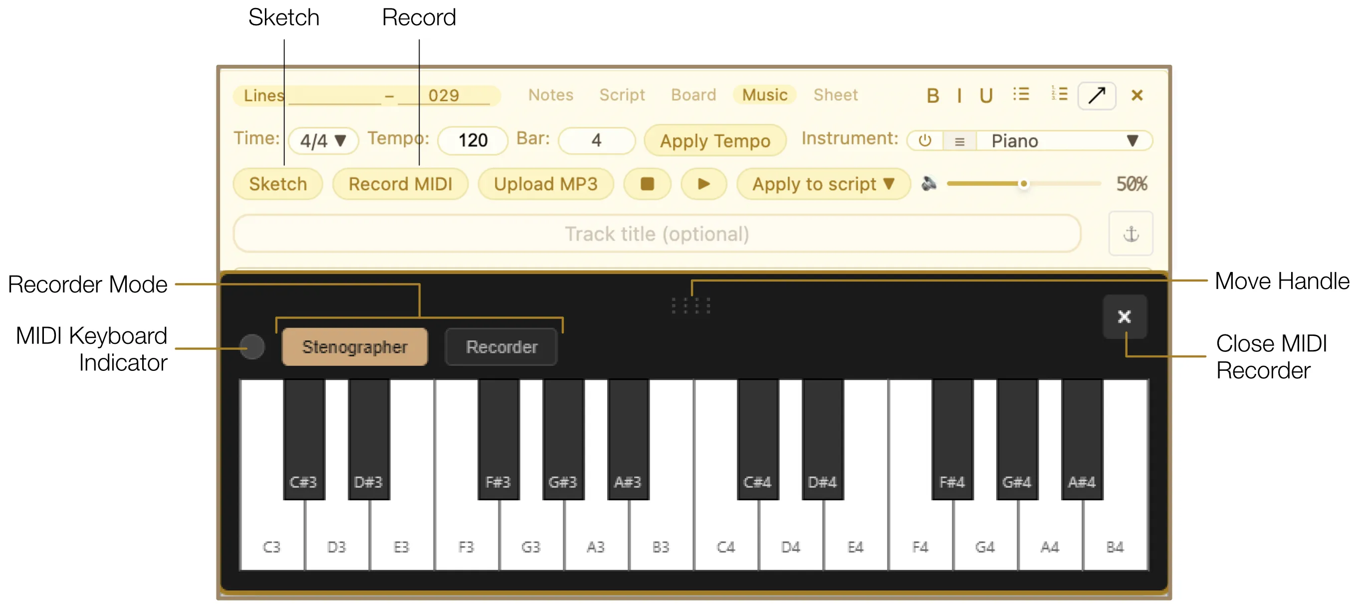 MIDI Recorder with virtual keyboard, recording controls, and MIDI Keyboard Indicator